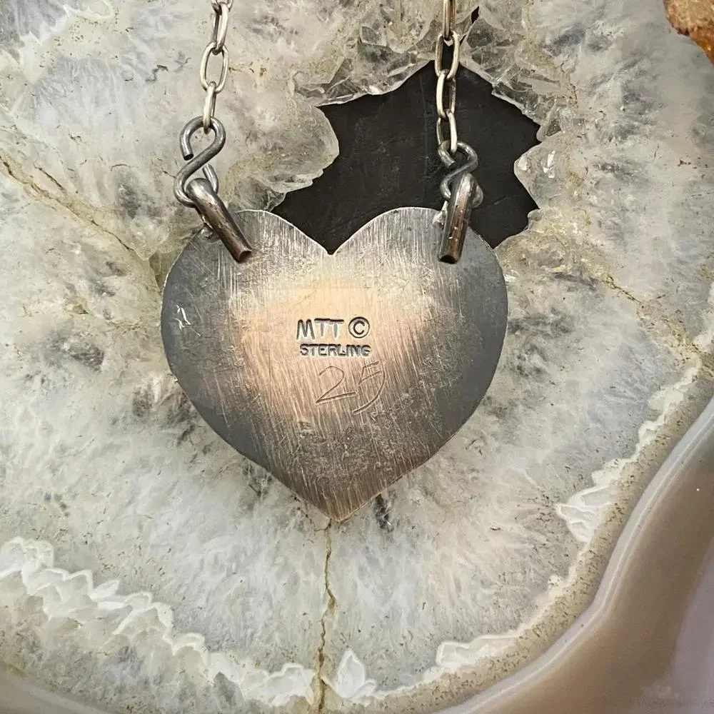 Marie Tsosie Sterling Silver Oval Sonora Gold Turquoise Stamped Heart Necklace - Picture 4 of 10
